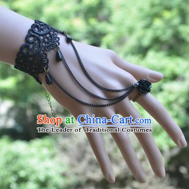 European Western Bride Vintage Jewelry Accessories Renaissance Black Lace Bracelet with Ring for Women