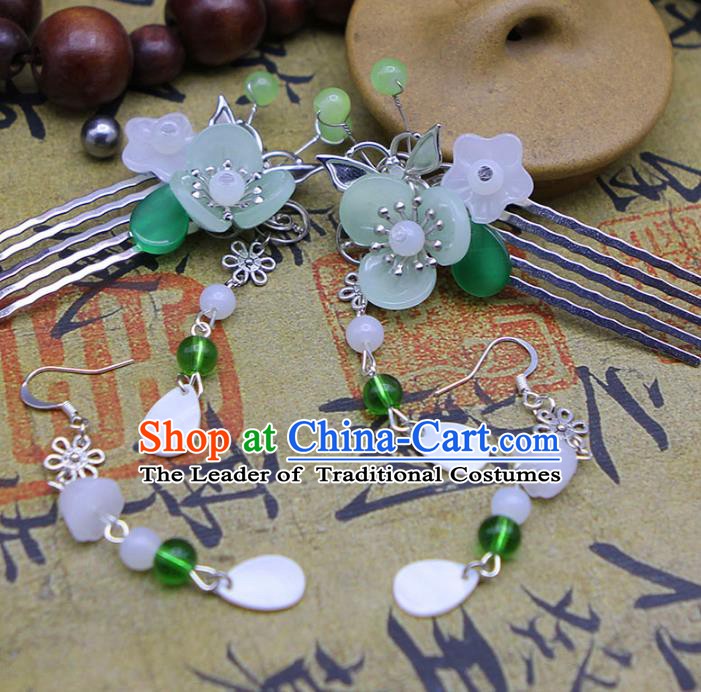 Handmade Chinese Ancient Princess Hair Accessories Green Flowers Tassel Hair Comb Hairpins for Women