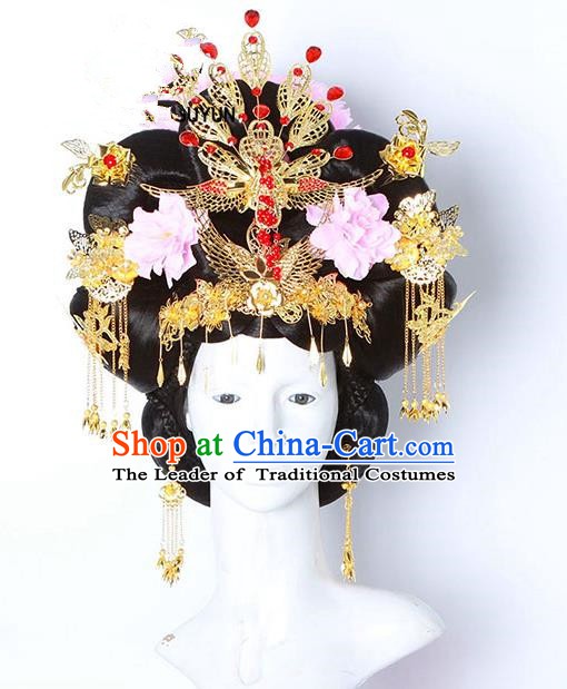 Handmade Chinese Ancient Palace Lady Hair Accessories Wig and Phoenix Coronet Hairpins Complete Set for Women