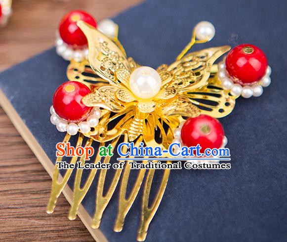 Handmade Chinese Ancient Palace Lady Hair Accessories Hanfu Red Beads Butterfly Hair Comb for Women