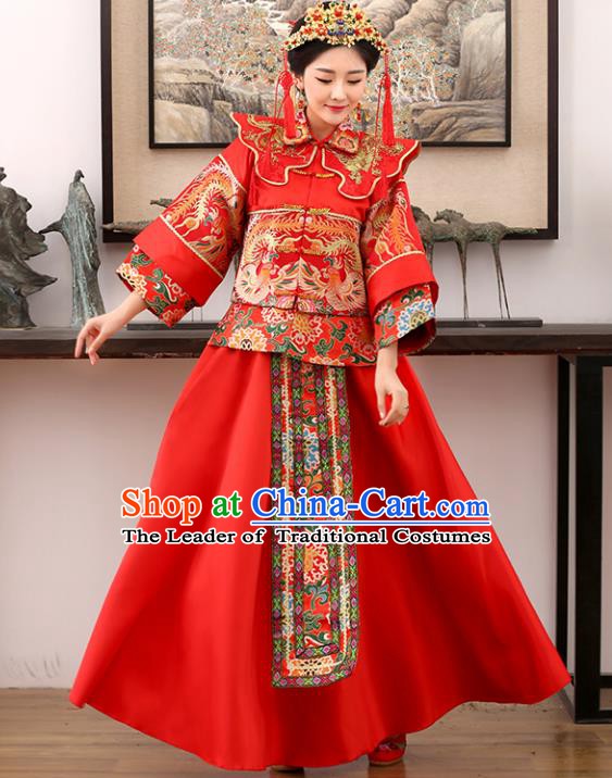 Traditional Ancient Chinese Costume Xiuhe Suits Wedding Bride Embroidered Red Toast Clothing for Women