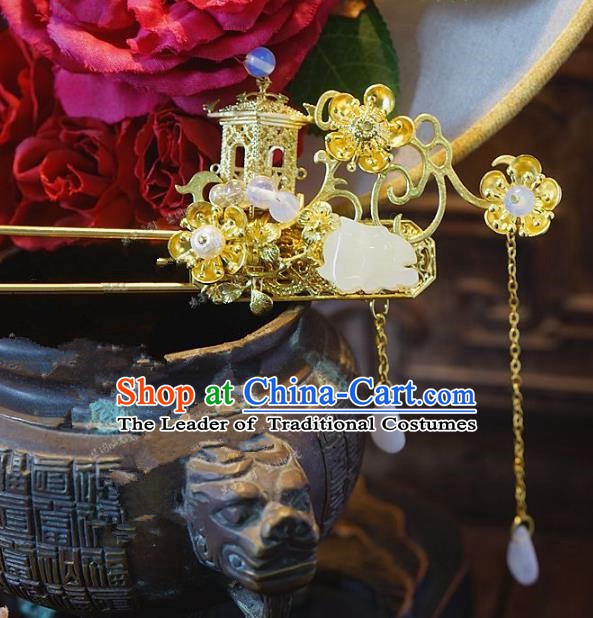 Chinese Handmade Classical Hair Accessories Ancient Hanfu Jade Hairpins Tassel Hair Clip for Women