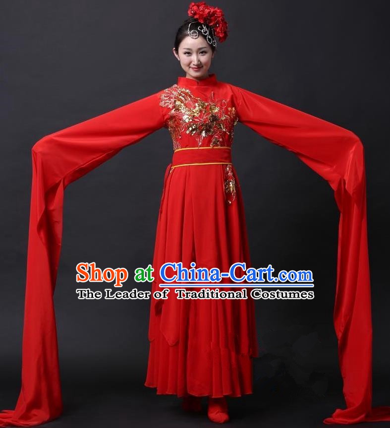 Traditional Chinese Classical Yangge Dance Water Sleeve Costume, China Yanko Folk Dance Clothing for Women