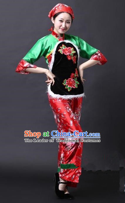 Traditional Chinese Yangge Folk Drum Dance Costume, China Yanko Dance Green Clothing for Women