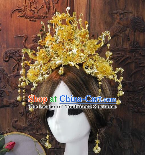 Chinese Handmade Classical Golden Phoenix Coronet Ancient Hanfu Wedding Headdress Hair Accessories for Women