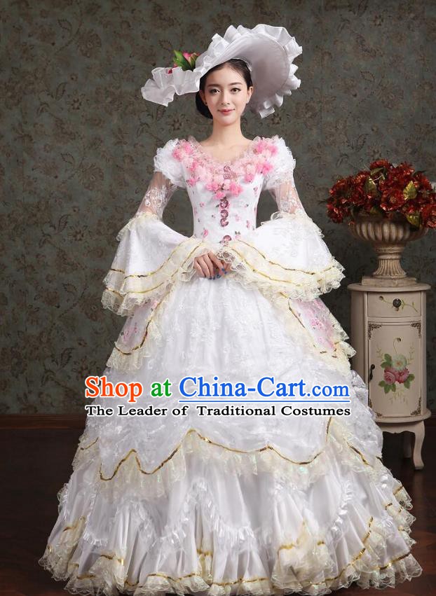 Traditional European Court Princess Renaissance Costume Dance Ball Dowager White Full Dress for Women