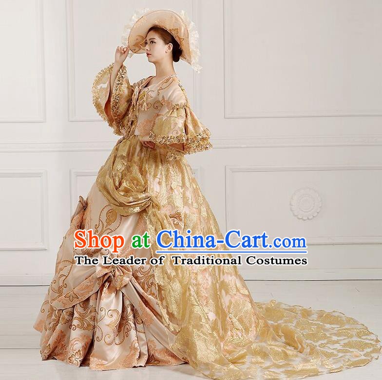 Traditional European Court Noblewoman Renaissance Costume Dance Ball Princess Palace Champagne Trailing Dress for Women