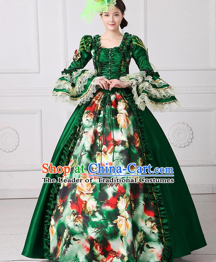 Traditional European Court Princess Renaissance Costume Stage Performance Middle Ages Dowager Green Full Dress for Women