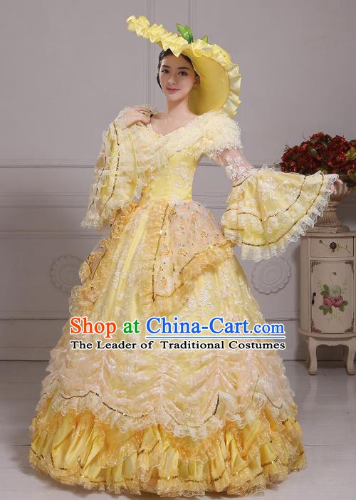 Traditional European Court Noblewoman Renaissance Costume Dance Ball Princess Yellow Bubble Dress for Women