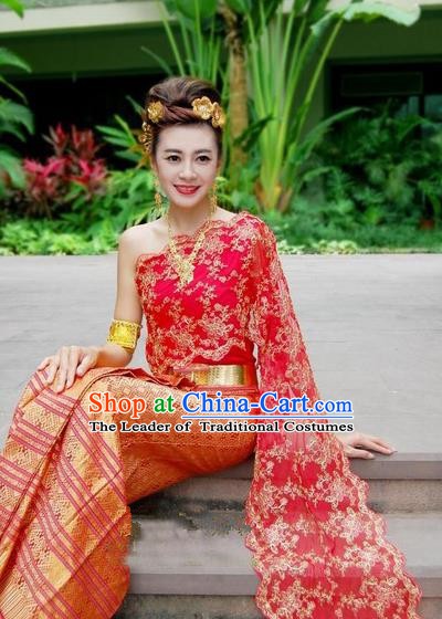 Traditional Asian Thailand Stage Performance Costume National Red Dress for Women