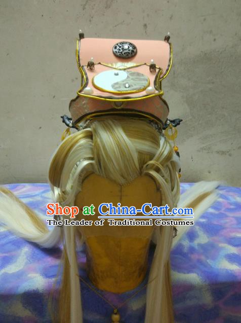 Traditional China Ancient Cosplay Taoist Priest Swordsman Wig and Hair Accessories Hat for Men