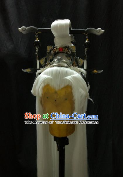 Traditional China Ancient Cosplay Immortal Swordsman Wig and Hair Accessories for Men