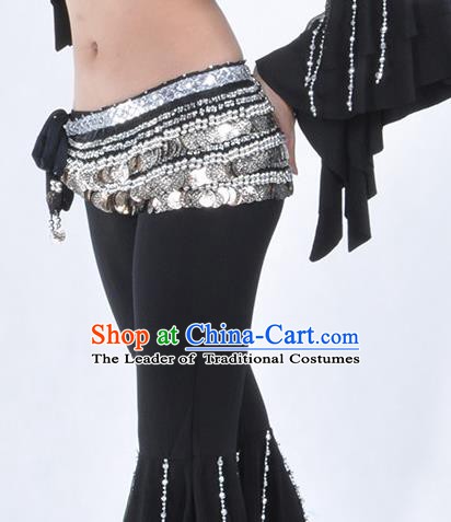 Asian Indian Belly Dance Argent Paillette Waistband Accessories India National Dance Black Belts for Women