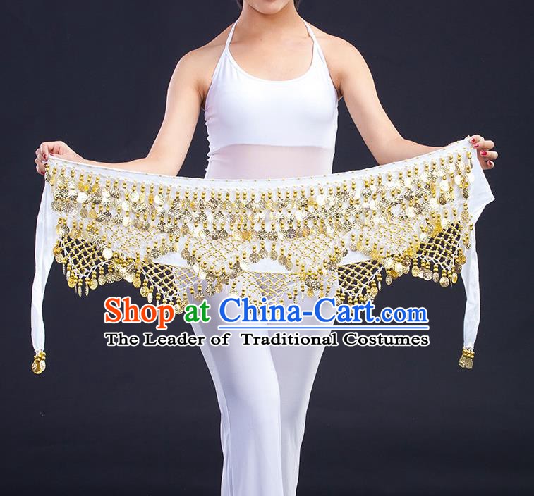 Asian Indian Belly Dance Golden Paillette White Waistband Accessories India Raks Sharki Belts for Women