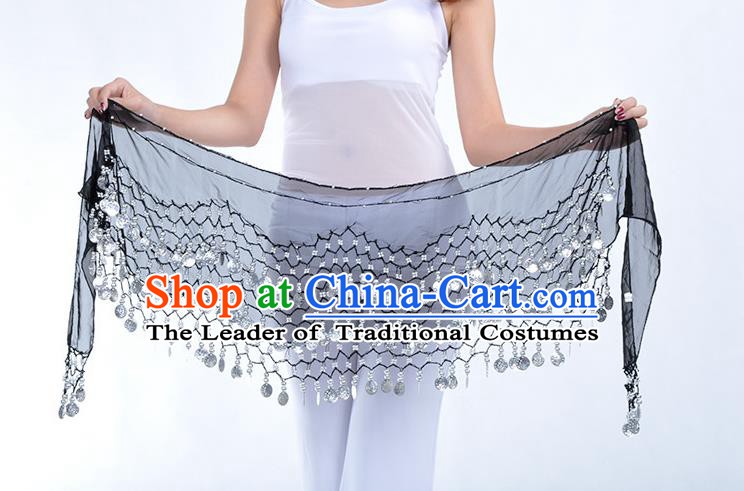 Asian Indian Belly Dance Argent Paillette Black Silk Waistband Accessories India Raks Sharki Belts for Women