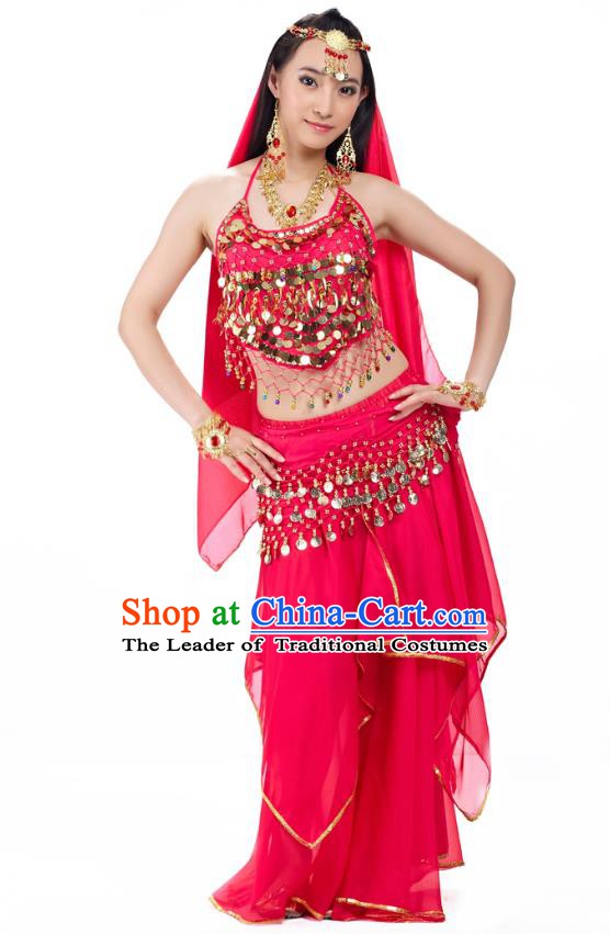 Asian Indian Belly Dance Rosy Costume Stage Performance Outfits, India Raks Sharki Dress for Women