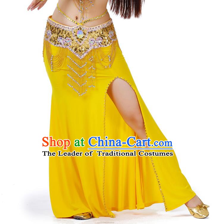 Top Indian Belly Dance Costume Yellow Split Skirt, India Raks Sharki Clothing for Women