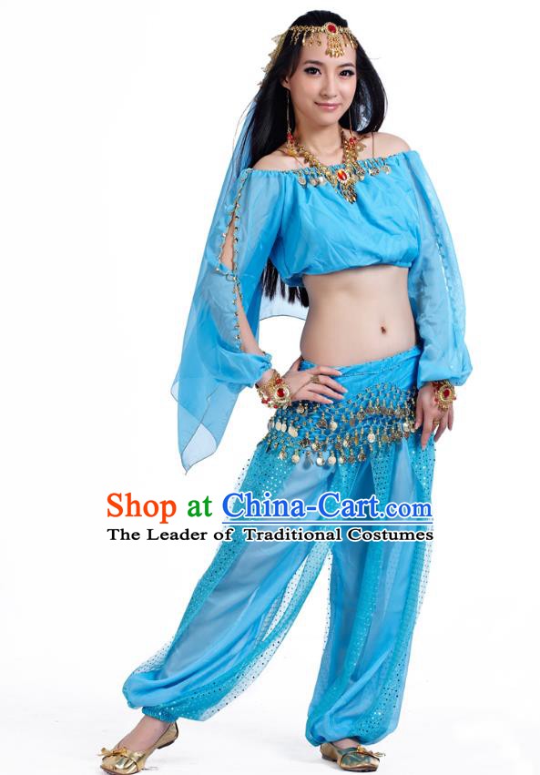 Top Indian Bollywood Belly Dance Blue Costume Oriental Dance Stage Performance Clothing for Women