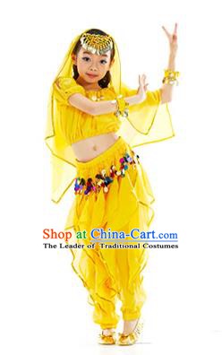 Top Indian Belly Dance Yellow Costume Oriental Dance Stage Performance Clothing for Kids