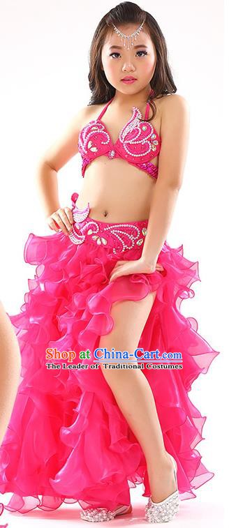 Top Indian Belly Dance Costume Bollywood Oriental Dance Stage Performance Rosy Dress for Kids