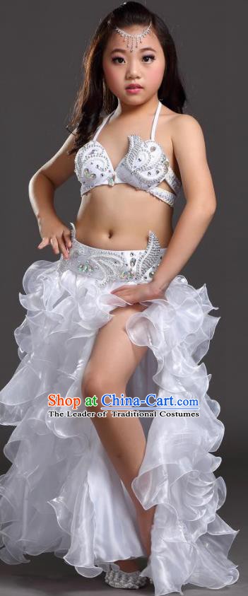 Top Indian Belly Dance Costume Bollywood Oriental Dance Stage Performance White Dress for Kids