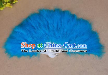 China Folk Dance Folding Fans Yanko Dance Blue Feather Fans for Women