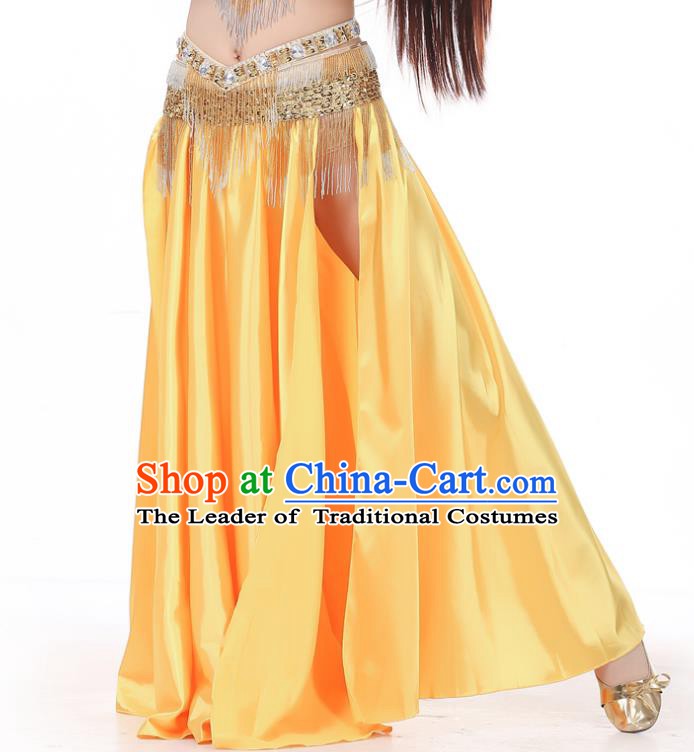 Indian Belly Dance Costume Bollywood Oriental Dance Yellow Satin Skirt for Women