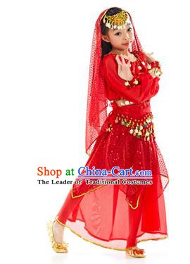 Indian Traditional Belly Dance Red Dress Asian India Oriental Dance Costume for Kids