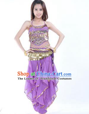 Indian Traditional Belly Dance Costume Asian India Oriental Dance Purple Clothing for Women