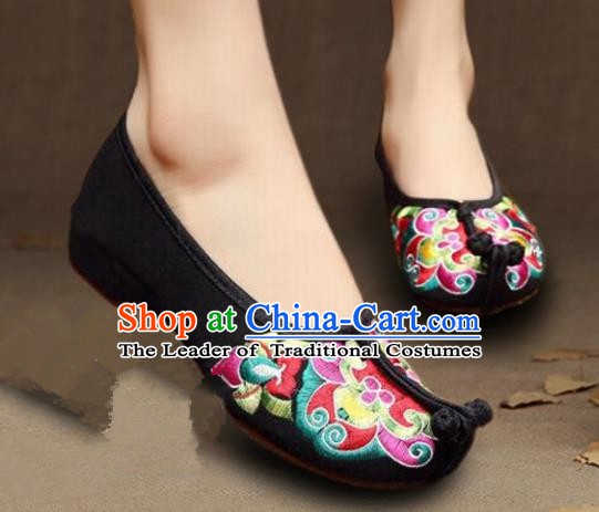 Asian Chinese Wedding Shoes Princess Shoes, Traditional China Handmade Hanfu Black Embroidered Shoes