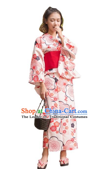 Asian Japanese Traditional Costumes Japan Kimono Printing Pink Bathrobe Clothing for Women