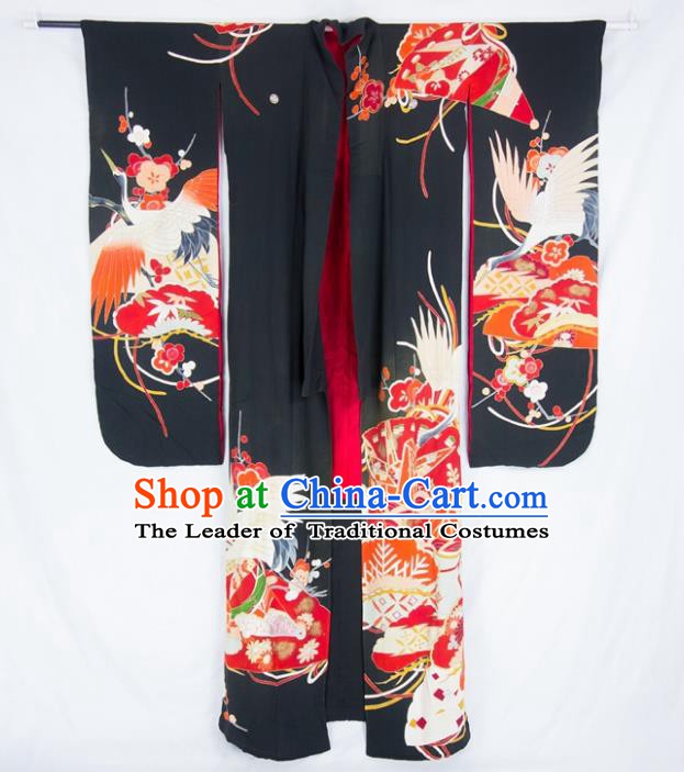 Asian Japanese Traditional Costumes Japan Furisode Kimono Yukata Embroidered Crane Black Dress Clothing for Women