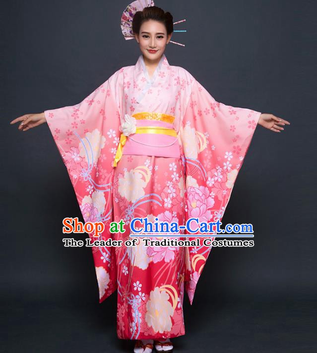 Asian Japanese Traditional Costumes Japan Printing Pink Furisode Kimono Yukata Dress Clothing for Women