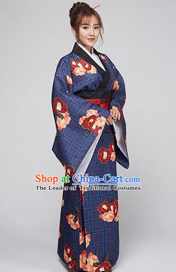 Asian Japanese Traditional Costumes Japan Printing Navy Furisode Kimono Yukata Dress Clothing for Women