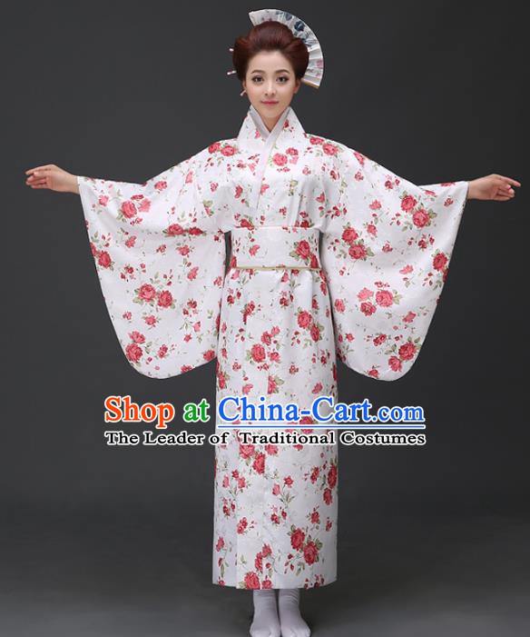 Asian Japanese Traditional Costumes Japan Printing Rose White Furisode Kimono Yukata Dress Clothing for Women