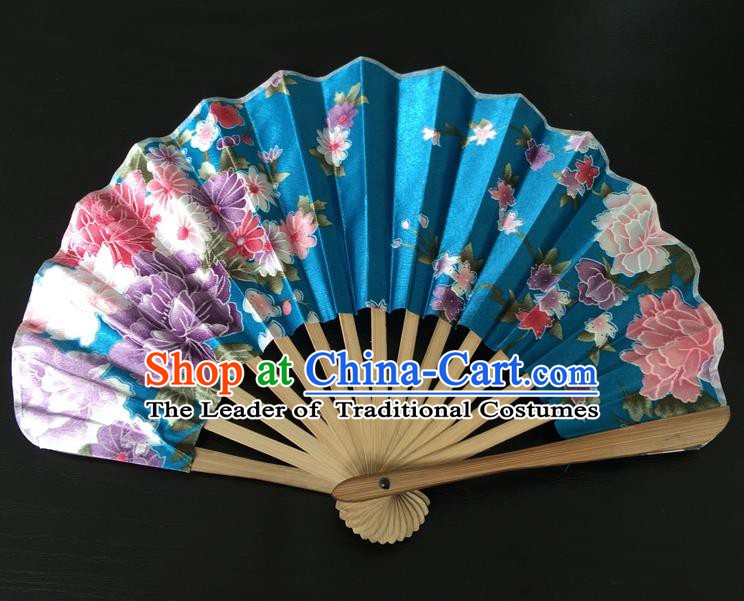 Asian Traditional Folding Fans Kimono Printing Blue Satin Fans Dance Fan for Women