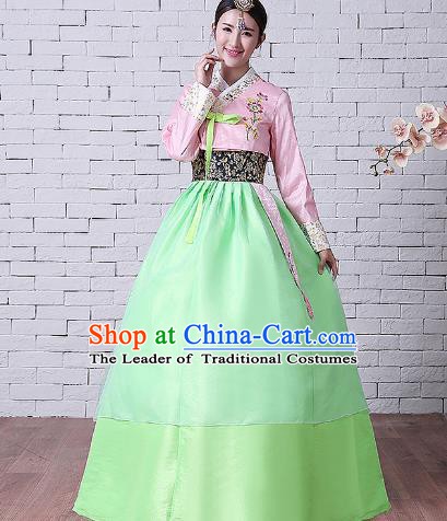 Asian Korean Dance Costumes Traditional Korean Hanbok Clothing Embroidered Pink Blouse and Green Dress for Women