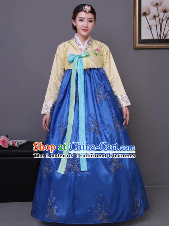 Asian Korean Dance Costumes Traditional Korean Hanbok Clothing Yellow Blouse and Blue Paillette Dress for Women