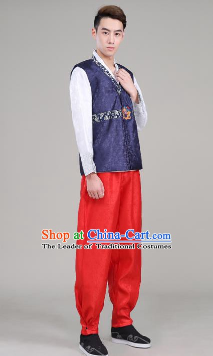 Asian Korean Court Dance Navy Costumes Traditional Korean Hanbok Wedding Bridegroom Clothing for Men