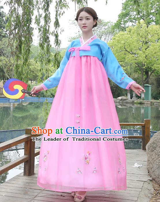 Asian Korean Court Costumes Traditional Korean Bride Hanbok Clothing Blue Blouse and Pink Dress for Women