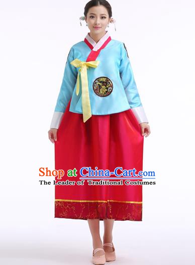 Asian Korean Palace Costumes Traditional Korean Bride Hanbok Clothing Blue Blouse and Red Dress for Women