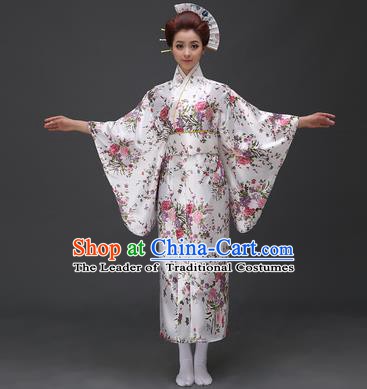 Asian Japanese Traditional Costumes Japan Printing Flowers White Satin Furisode Kimono Yukata Dress Clothing for Women