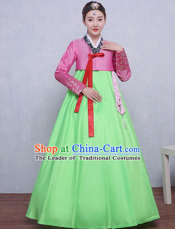 Asian Korean Dance Costumes Traditional Korean Dress Hanbok Clothing Pink Blouse and Green Skirt for Women