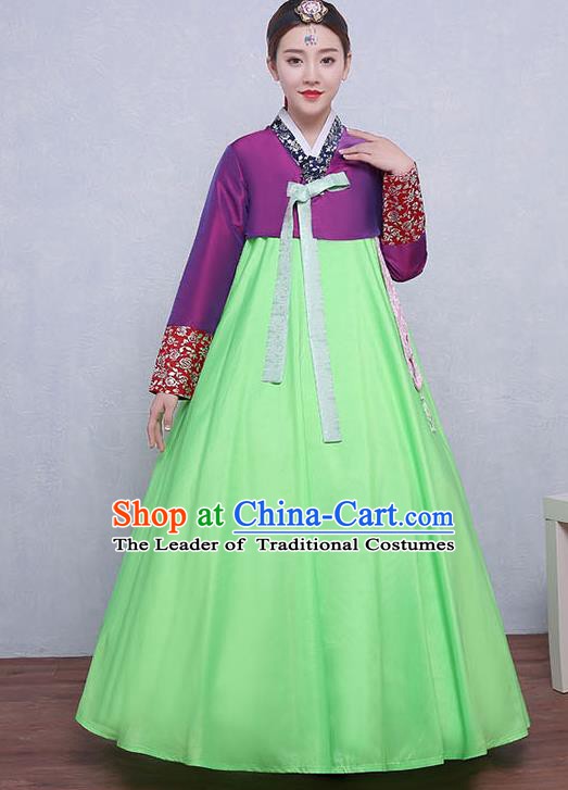 Asian Korean Dance Costumes Traditional Korean Dress Hanbok Clothing Purple Blouse and Green Skirt for Women