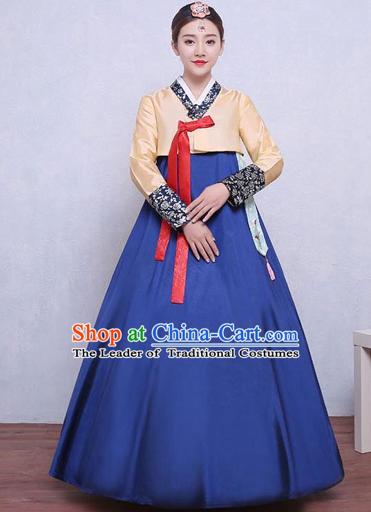 Asian Korean Dance Costumes Traditional Korean Dress Hanbok Clothing Yellow Blouse and Navy Skirt for Women