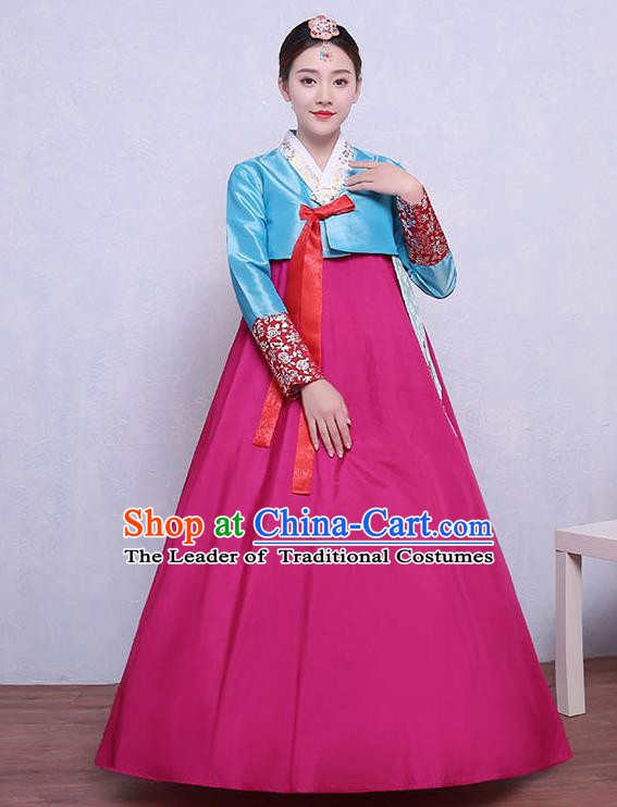 Asian Korean Dance Costumes Traditional Korean Hanbok Clothing Blue Blouse and Rosy Dress for Women