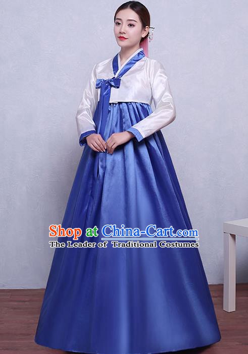 Asian Korean Dance Costumes Traditional Korean Hanbok Clothing White Blouse and Blue Dress for Women