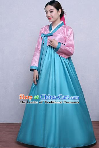 Asian Korean Dance Costumes Traditional Korean Hanbok Clothing Pink Blouse and Blue Dress for Women