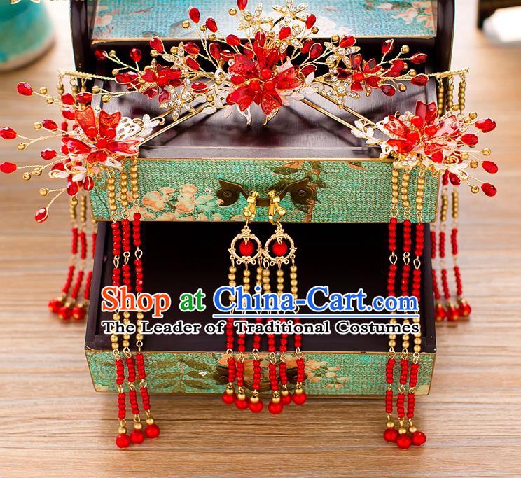 Chinese Handmade Classical Wedding Hair Accessories Ancient Xiuhe Suits Red Beads Phoenix Coronet Hairpins for Women