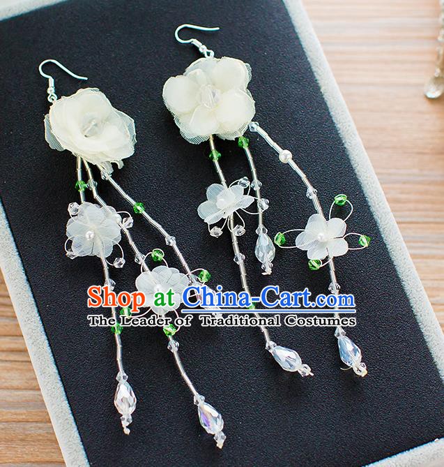 Handmade Classical Wedding Accessories Bride Beige Silk Flowers Tassel Earrings for Women